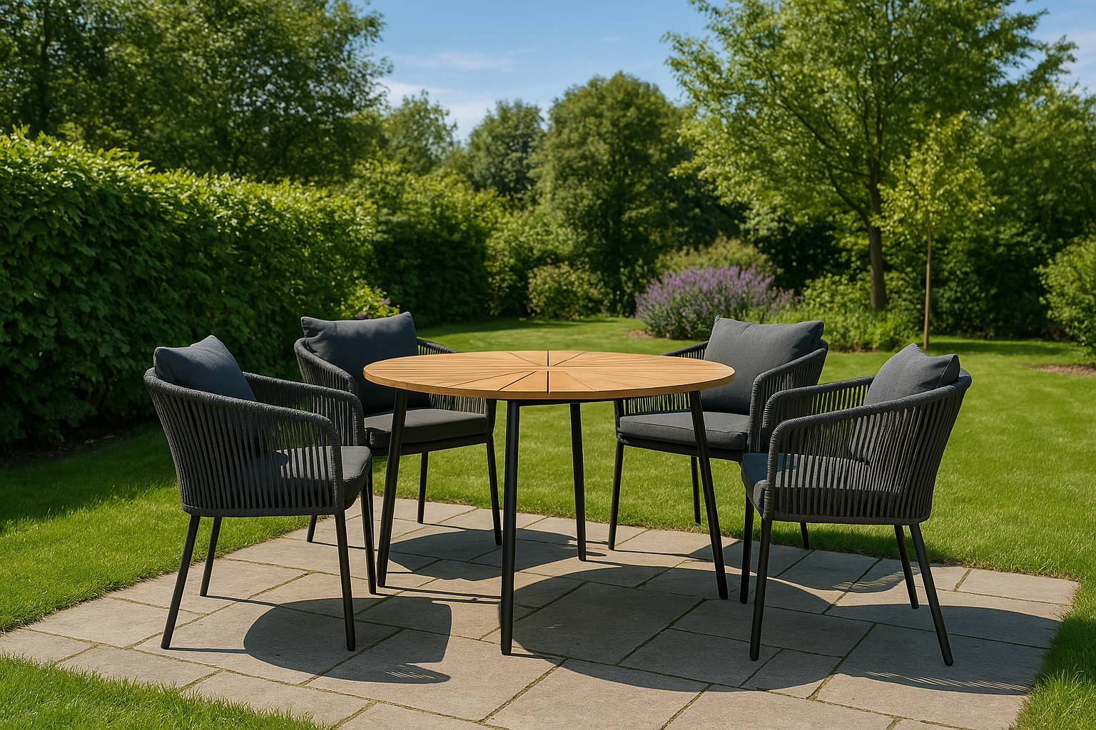 House Nordic Cleveland & Salerno Tuinset – Tuintafel + 4 Dining Stoelen – Teak & Aluminium – Zwart/Grijs/Naturel